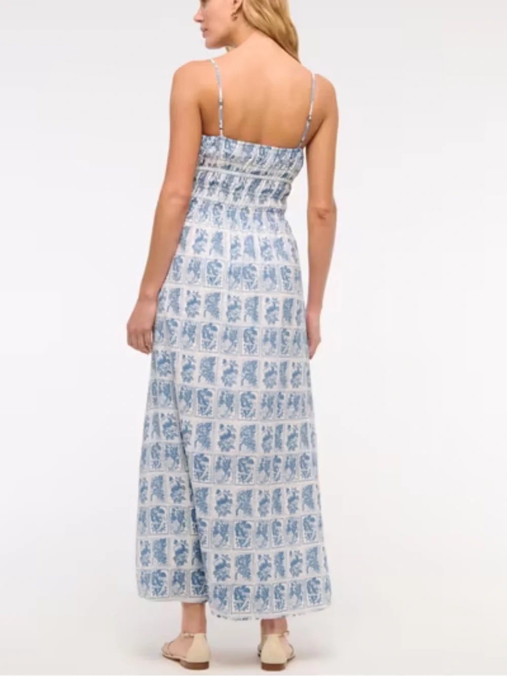 Abercrombie & Fitch White and Blue Tile-Print Smocked Maxi Dress